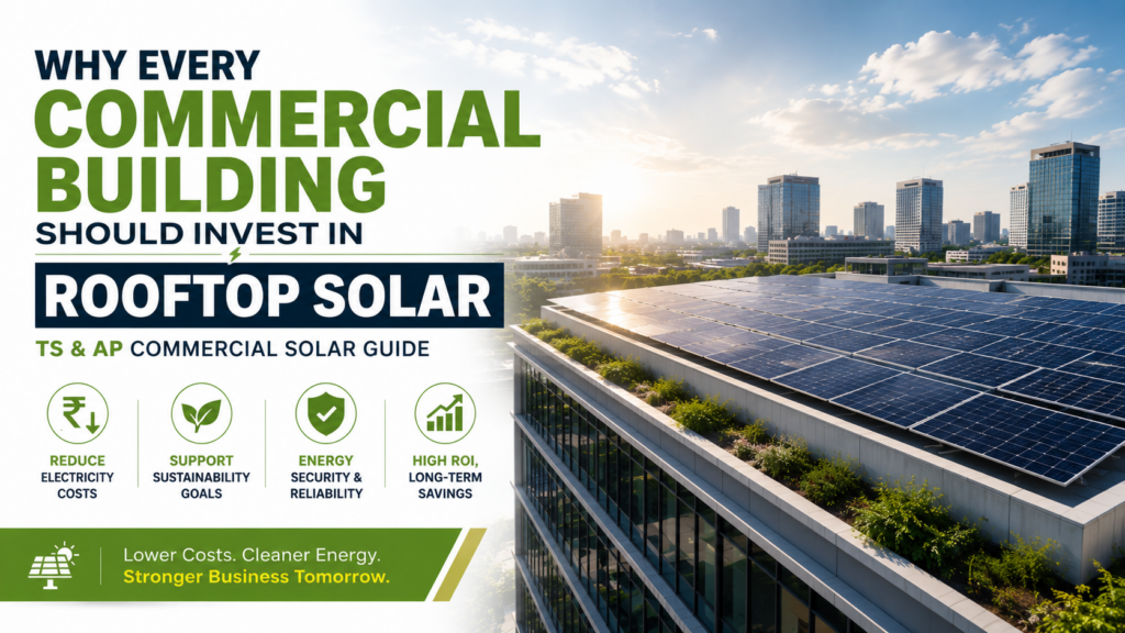 Commercial building with rooftop solar panels highlighting the benefits of investing in rooftop solar for businesses in Telangana and Andhra Pradesh.