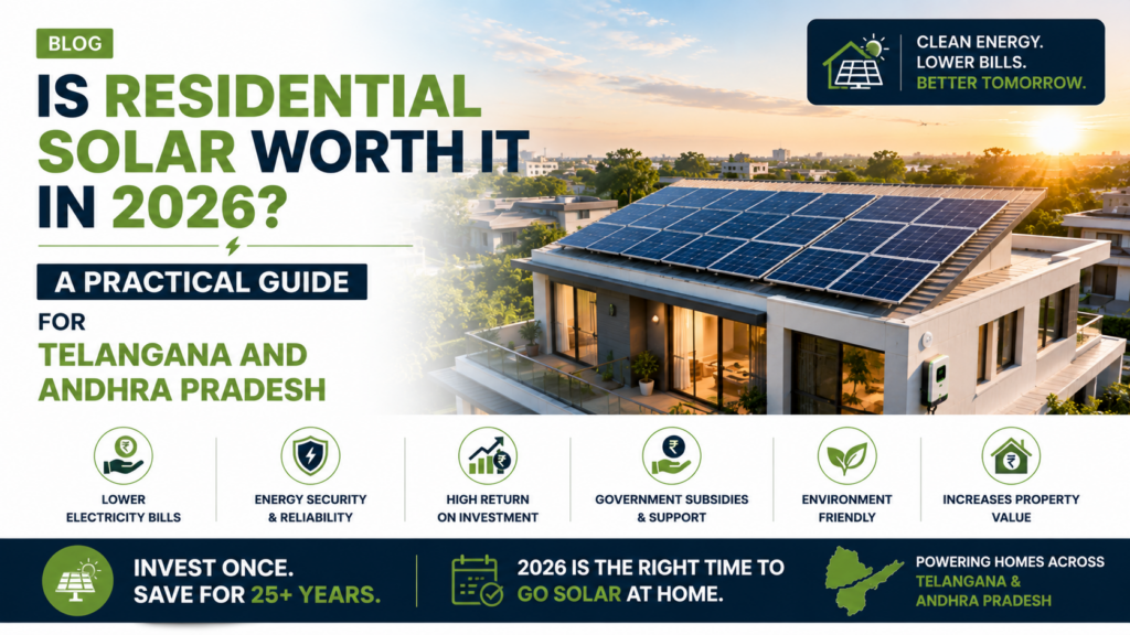 Modern home with rooftop solar panels illustrating whether residential solar is worth investing in during 2026 for homeowners in Telangana and Andhra Pradesh, highlighting lower electricity bills, government subsidies, energy security, and long-term savings.