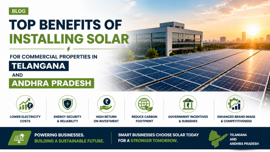 Hero Image: Commercial rooftop solar installation on a modern office building highlighting the top benefits of installing solar for commercial properties in Telangana and Andhra Pradesh, including lower electricity costs, energy security, and long-term business savings.