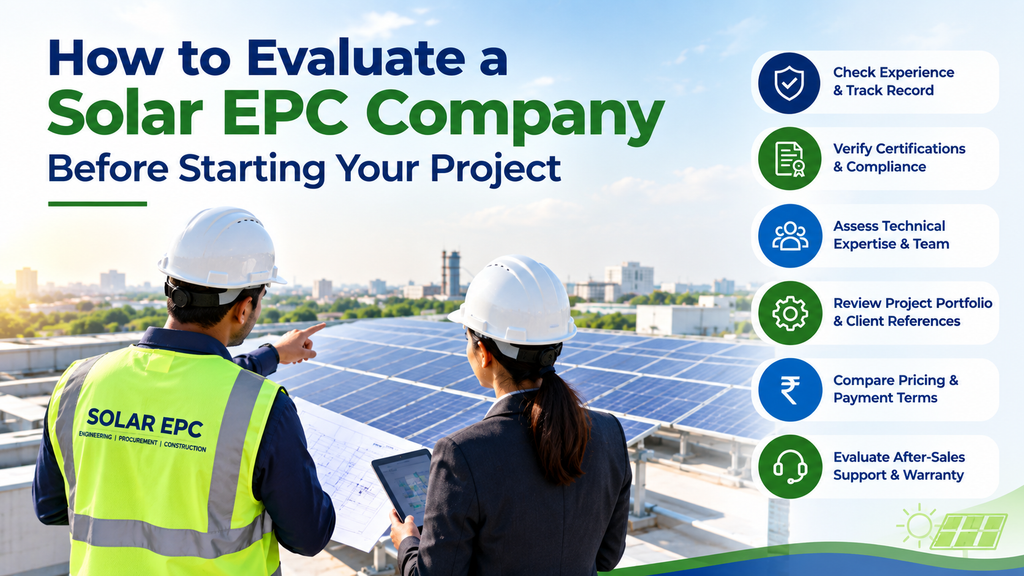 Solar EPC professionals reviewing a rooftop solar project with a checklist covering experience, certifications, technical expertise, pricing, portfolio, and after-sales support.