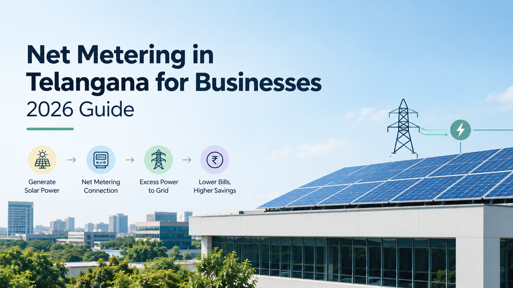Commercial building with rooftop solar panels illustrating net metering in Telangana for businesses, including excess power sent to the grid and lower electricity bills.
