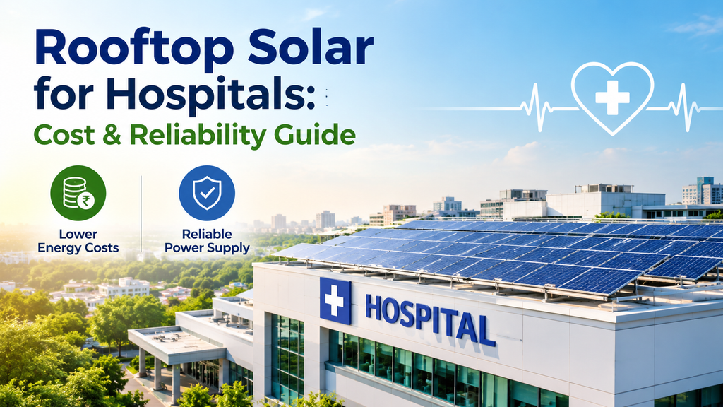 Modern hospital with rooftop solar panels, highlighting lower energy costs and reliable power supply.