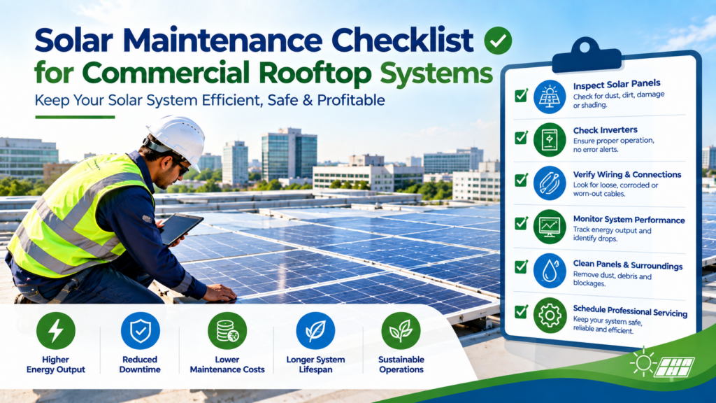 Technician inspecting a commercial rooftop solar system beside a maintenance checklist covering panels, inverters, wiring, performance, cleaning, and professional servicing.