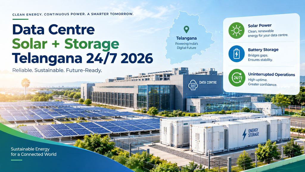 Modern data centre in Telangana powered by rooftop solar panels and battery energy storage to support reliable, sustainable 24/7 operations.