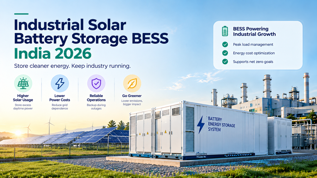 Industrial solar battery energy storage system (BESS) in India, featuring battery storage containers, solar panels, and factory infrastructure for energy cost optimization and reliable power supply.