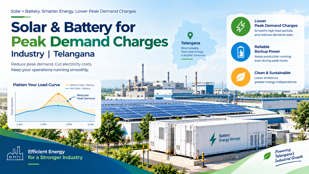 Industrial facility in Telangana with rooftop solar panels and battery energy storage, illustrating how solar-plus-battery systems can reduce peak demand charges, lower electricity costs, provide backup power, and support sustainable operations.