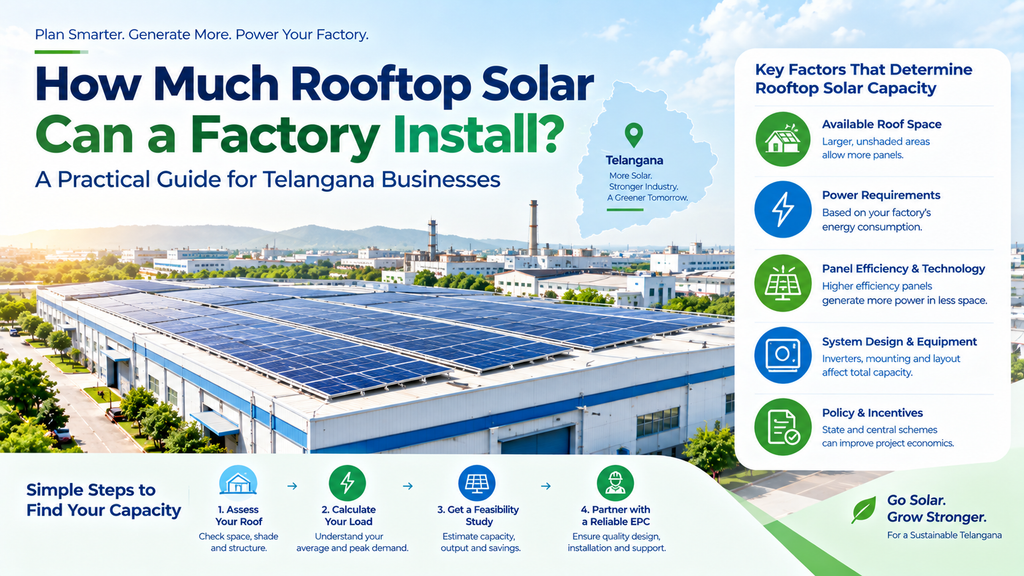 Factory in Telangana with rooftop solar panels, highlighting key factors for determining solar installation capacity, including available roof space, electricity consumption, panel efficiency, system design, and government incentives.