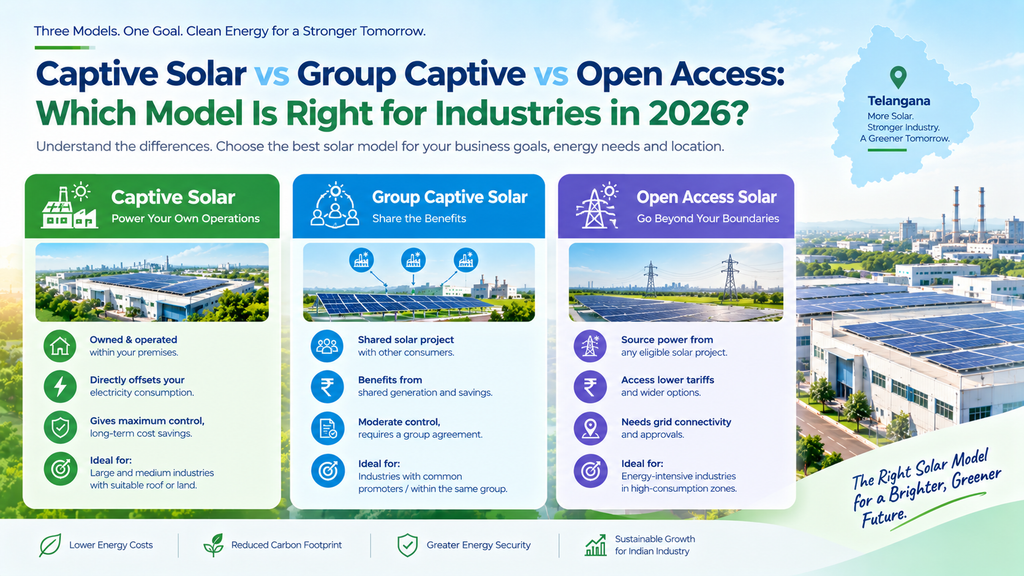 Infographic comparing captive solar, group captive solar, and open access solar for industries in Telangana in 2026, highlighting ownership models, cost savings, energy security, grid connectivity, and ideal business use cases.