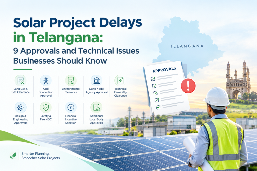 Solar project delays in Telangana infographic featuring solar panels, an engineer reviewing project plans, an approvals checklist, and nine key approval and technical considerations for businesses planning solar installations.