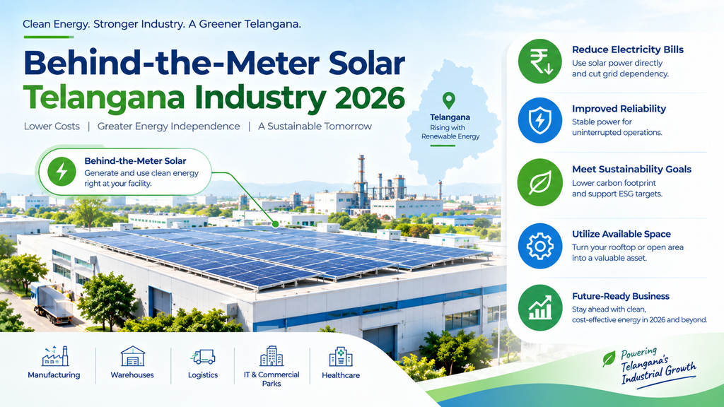 Industrial facility in Telangana with rooftop solar panels, illustrating behind-the-meter solar benefits including lower electricity bills, improved power reliability, reduced carbon emissions, and greater energy independence for businesses.